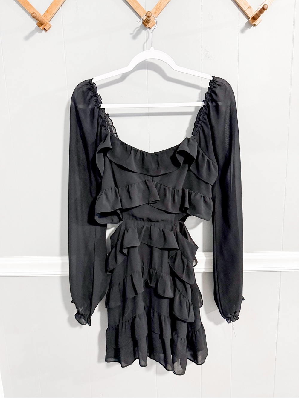 Altar'd State Black Ruffle-Tiered Long Sleeve Mini Dress